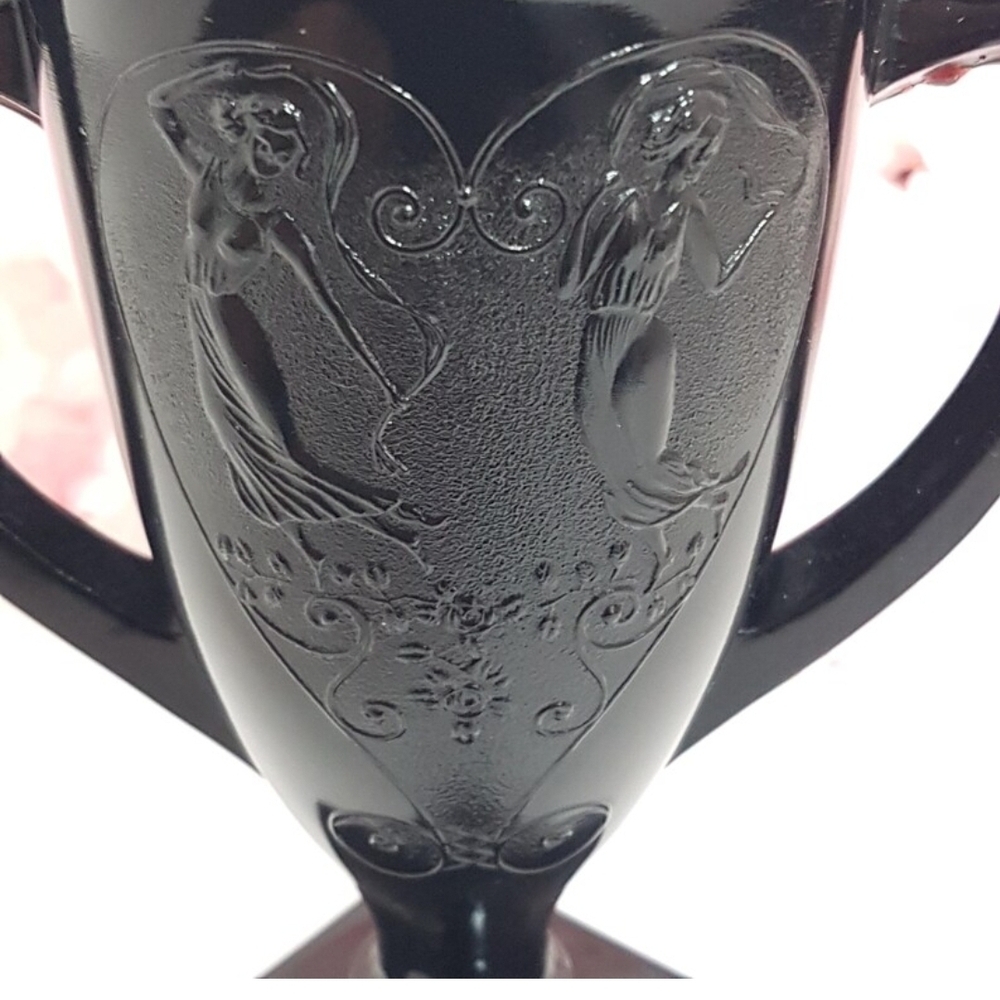 LE Smith Amethyst Black Glass Trophy Vase Dancing Nymphs